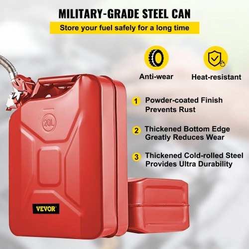 VEVOR Jerry Fuel Can, 20 L Portable Jerry Gas Can with Flexible Spout System, Rustproof & Heat-resistant Steel Fuel Tank for Cars Trucks Equipment, Red