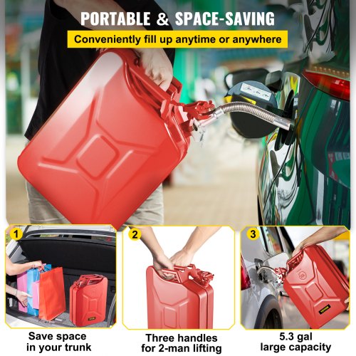VEVOR Jerry Fuel Can, 20 L Portable Jerry Gas Can with Flexible Spout System, Rustproof & Heat-resistant Steel Fuel Tank for Cars Trucks Equipment, Red