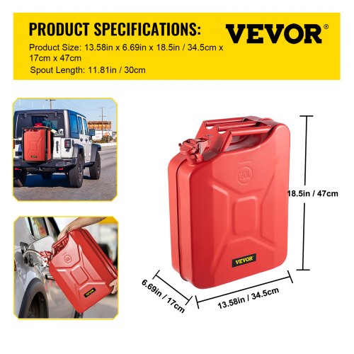 VEVOR Jerry Fuel Can, 20 L Portable Jerry Gas Can with Flexible Spout System, Rustproof & Heat-resistant Steel Fuel Tank for Cars Trucks Equipment, Red